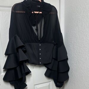AKIRA Black Sheer Ruffled Bell-Sleeve Corset-Front Blouse